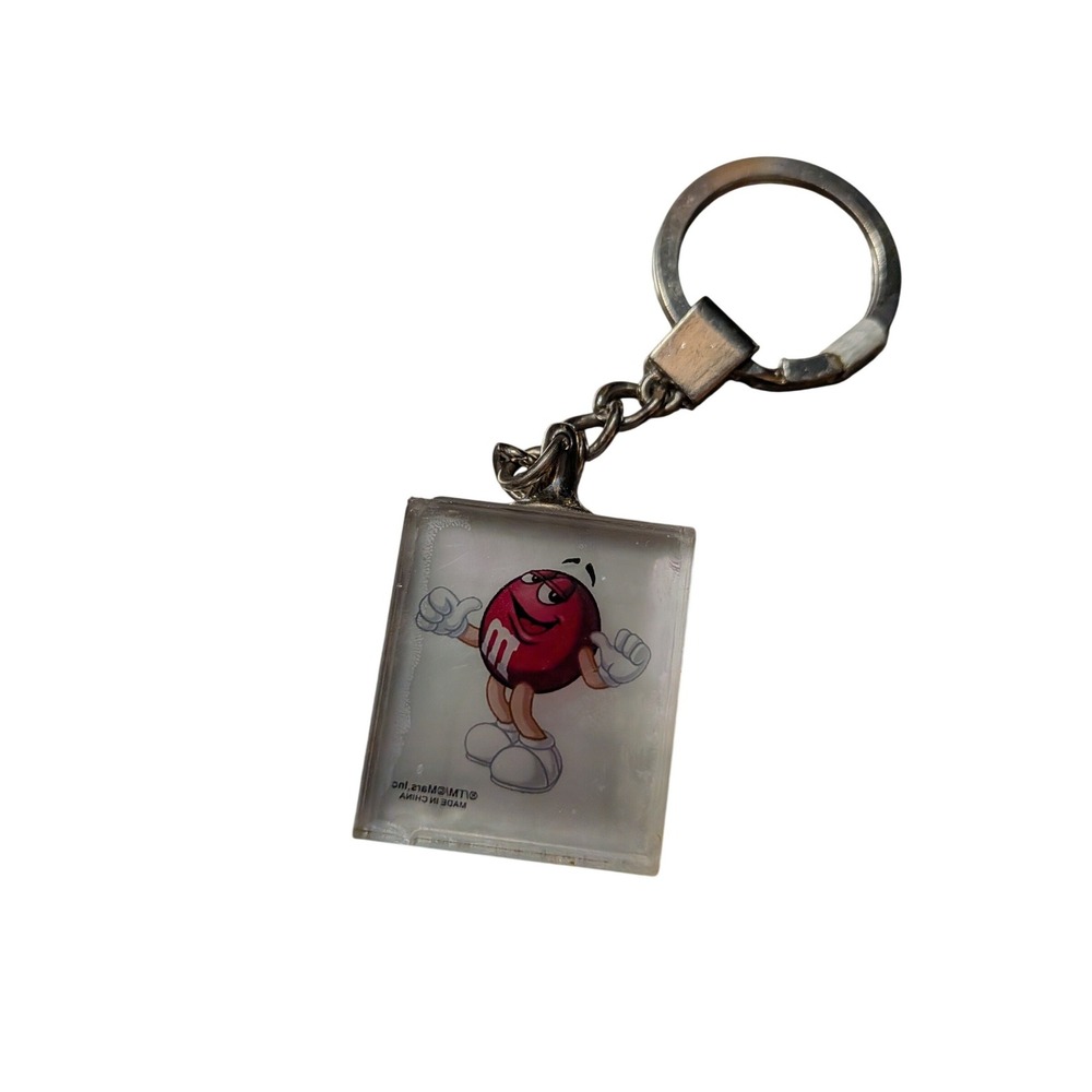 Vintage M&M's Red Character Acrylic Block Keychain Silver Tone Mars Inc Licensed